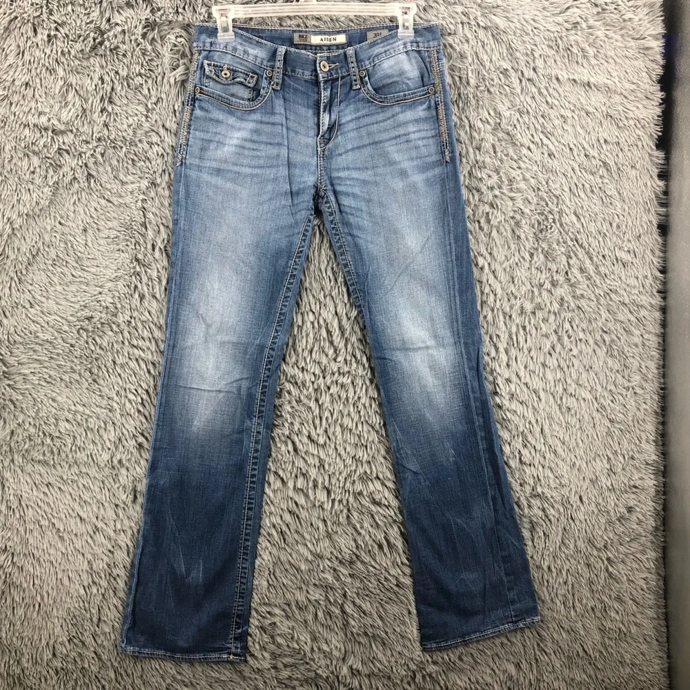 BKE Buckle Jeans Mens 31L Aiden Blue Bootcut Whiskered